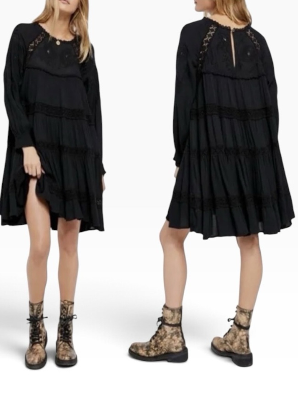 Free People Piece of Your Heart embroidered tiered swing mini dress black Small